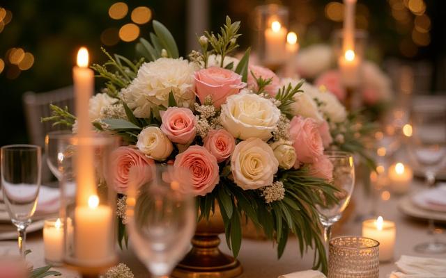 Event Floral Decoration: Beautiful wedding centerpieces with fresh flowers and elegant lighting.